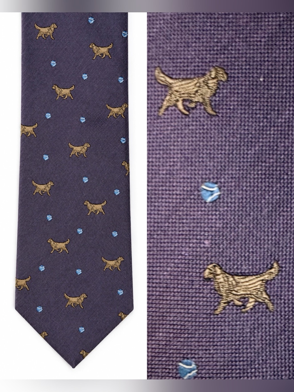 Haggar Golden Retriever necktie. Purple with yellow dogs and blue diamonds.